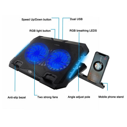 S900 Dual USB Ports Adjustable Height RGB Laptop Cooling Pad Stand by buy2fix