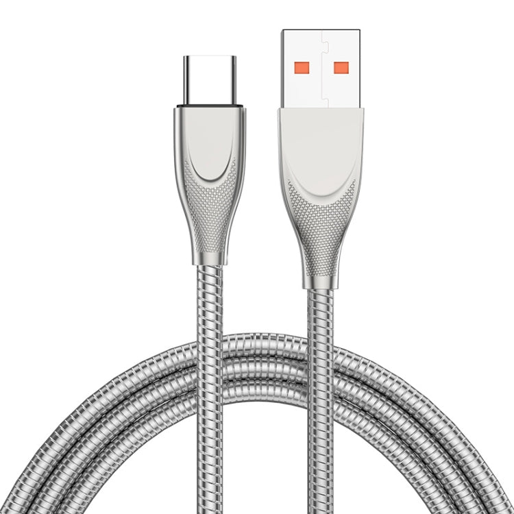 ENKAY ENK-CB132 USB to USB-C / Type-C Carbon Steel Hose Spring 6A Supper Fast Charging Data Cable, Length:2m(Silver) - USB-C & Type-C Cable by ENKAY | Online Shopping UK | buy2fix