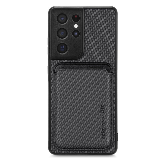 For Samsung Galaxy S21 Ultra 5G Carbon Fiber Leather Card Magsafe Magnetic Phone Case(Black)
