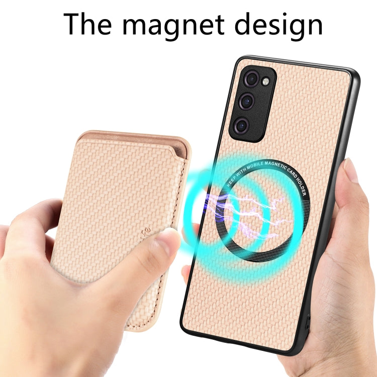 For Samsung Galaxy S21 FE 5G Carbon Fiber Leather Card Magsafe Magnetic Phone Case(Khaki) by buy2fix