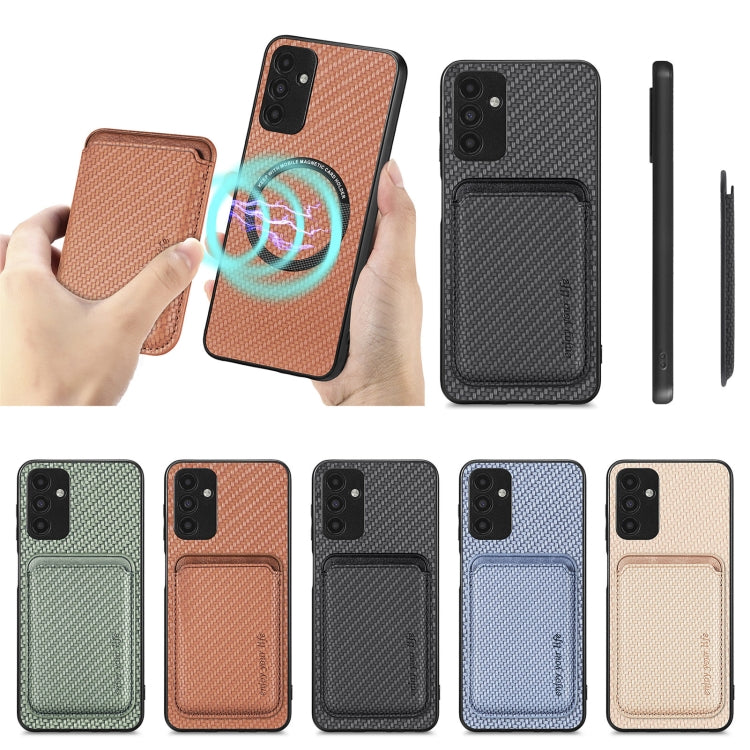 For Samsung Galaxy A13 5G Carbon Fiber Leather Card Magsafe Magnetic Phone Case(Khaki) by buy2fix