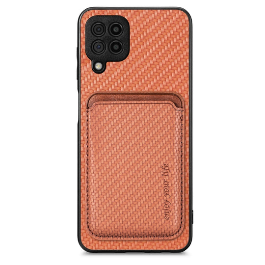 For Samsung Galaxy A22 4G Carbon Fiber Leather Card Magsafe Magnetic Phone Case(Brown)