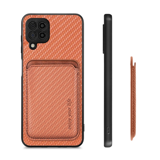 For Samsung Galaxy A22 4G Carbon Fiber Leather Card Magsafe Magnetic Phone Case(Brown) by buy2fix