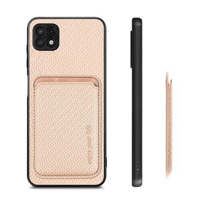 For Samsung Galaxy A22 5G Carbon Fiber Leather Card Magsafe Magnetic Phone Case(Khaki) by buy2fix