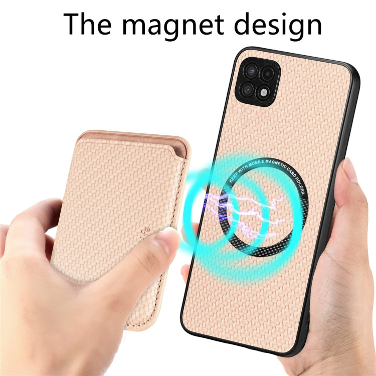 For Samsung Galaxy A22 5G Carbon Fiber Leather Card Magsafe Magnetic Phone Case(Khaki) by buy2fix