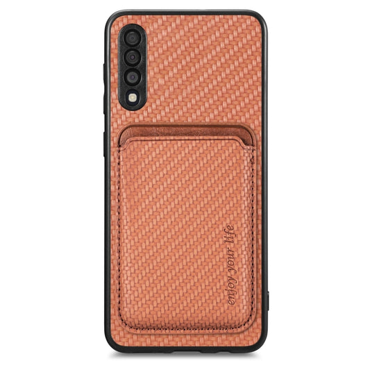 For Samsung Galaxy A50 Carbon Fiber Leather Card Magsafe Magnetic Phone Case(Brown) by buy2fix