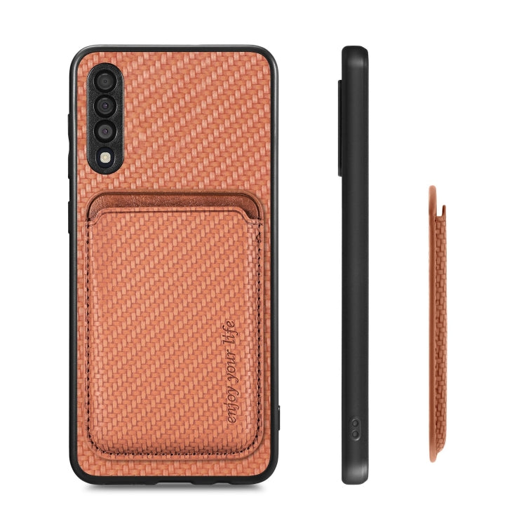 For Samsung Galaxy A50 Carbon Fiber Leather Card Magsafe Magnetic Phone Case(Brown) by buy2fix