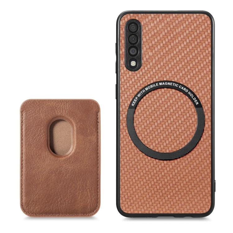 For Samsung Galaxy A50 Carbon Fiber Leather Card Magsafe Magnetic Phone Case(Brown) by buy2fix