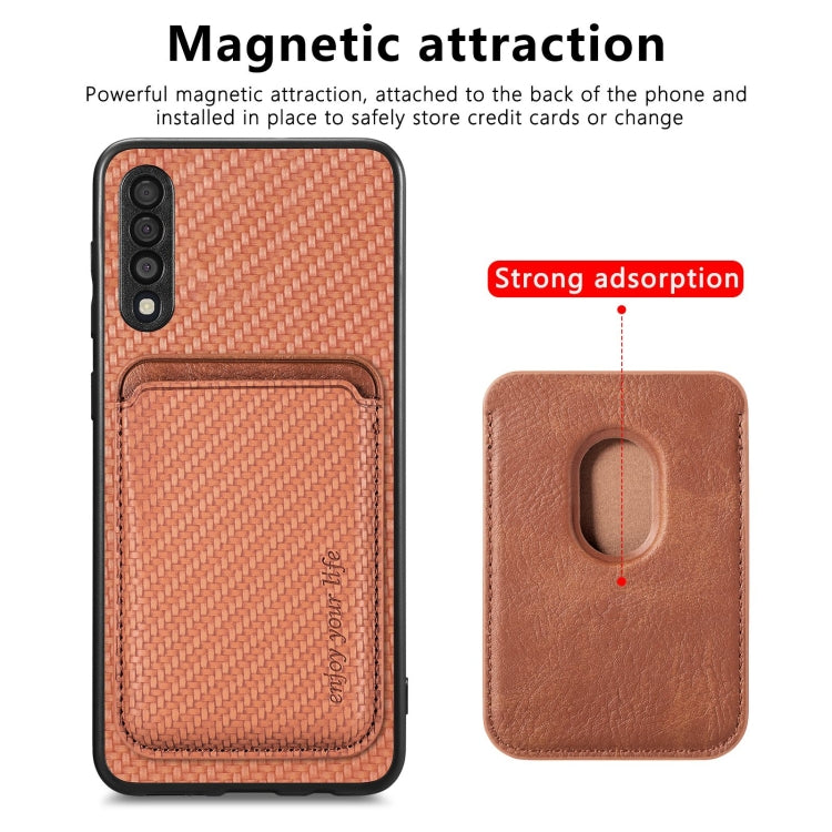 For Samsung Galaxy A50 Carbon Fiber Leather Card Magsafe Magnetic Phone Case(Brown) by buy2fix