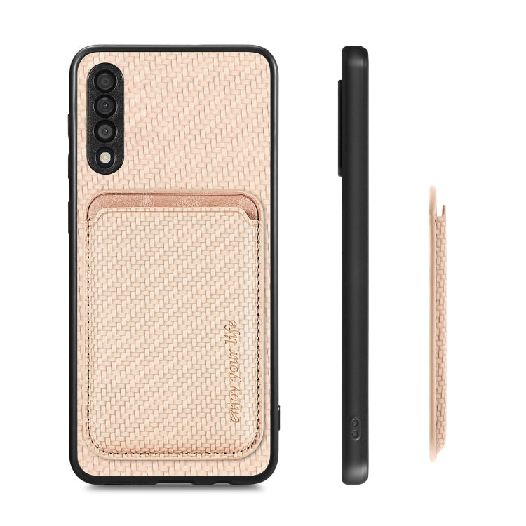 For Samsung Galaxy A50 Carbon Fiber Leather Card Magsafe Magnetic Phone Case(Khaki) by buy2fix