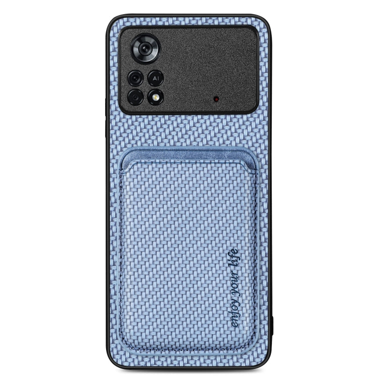 For Xiaomi Poco X4 Pro 5G Carbon Fiber Leather Card Magsafe Magnetic Phone Case(Blue) by buy2fix