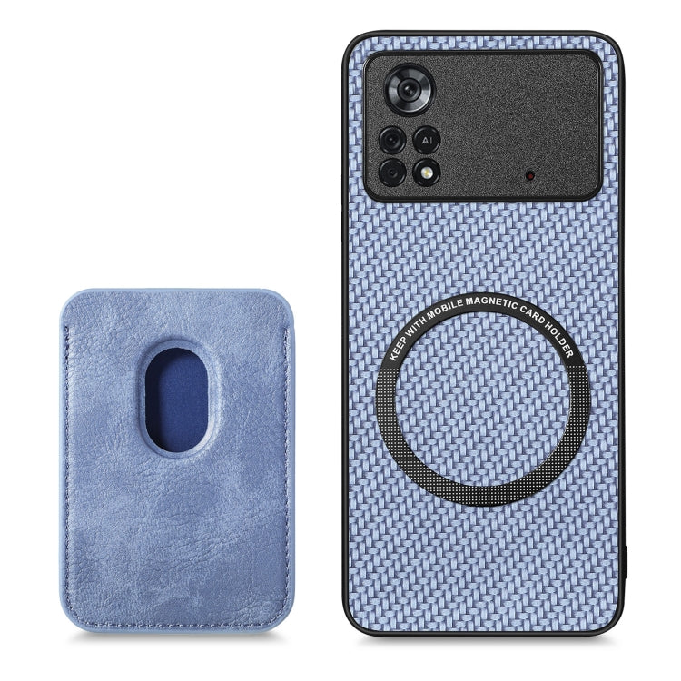 For Xiaomi Poco X4 Pro 5G Carbon Fiber Leather Card Magsafe Magnetic Phone Case(Blue) by buy2fix