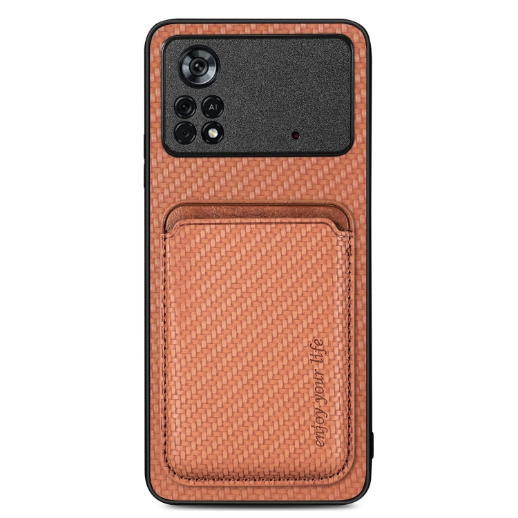For Xiaomi Poco X4 Pro 5G Carbon Fiber Leather Card Magsafe Magnetic Phone Case(Brown) by buy2fix