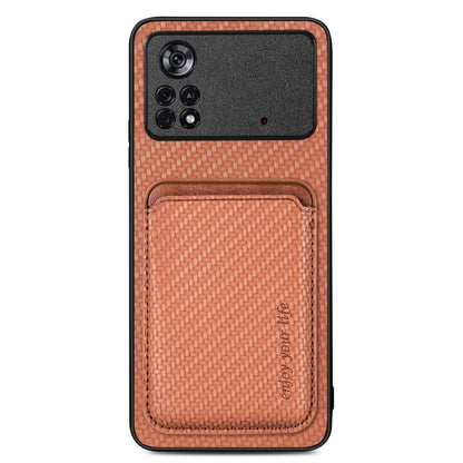 For Xiaomi Poco X4 Pro 5G Carbon Fiber Leather Card Magsafe Magnetic Phone Case(Brown) by buy2fix