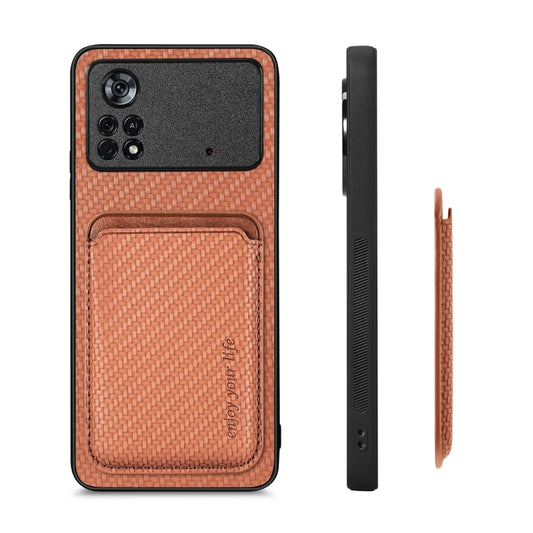 For Xiaomi Poco X4 Pro 5G Carbon Fiber Leather Card Magsafe Magnetic Phone Case(Brown) - Xiaomi Cases by buy2fix | Online Shopping UK | buy2fix
