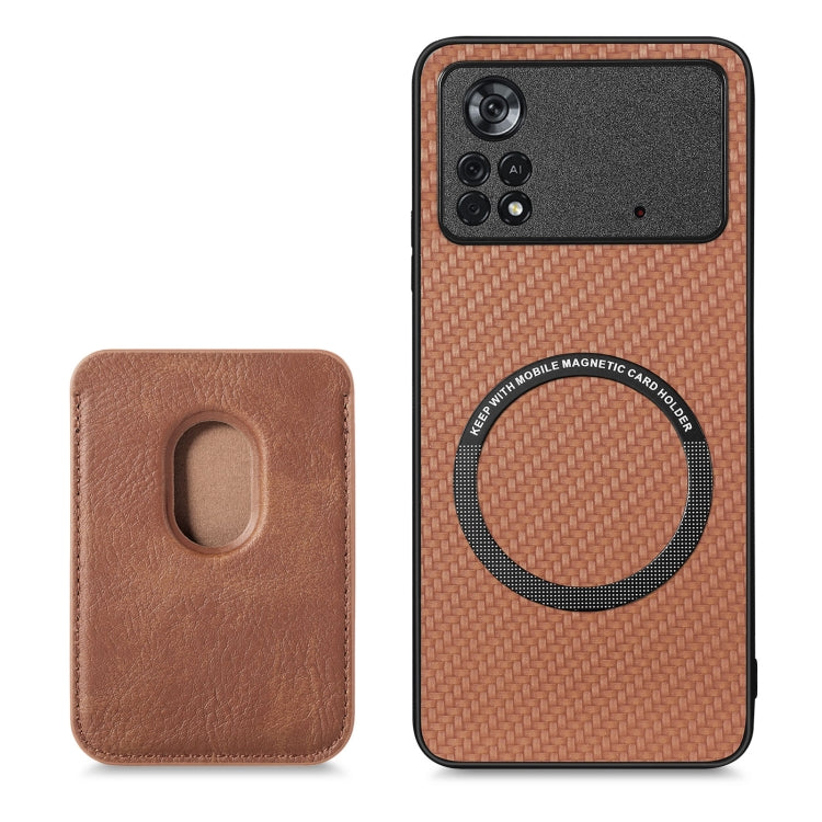 For Xiaomi Poco X4 Pro 5G Carbon Fiber Leather Card Magsafe Magnetic Phone Case(Brown) by buy2fix