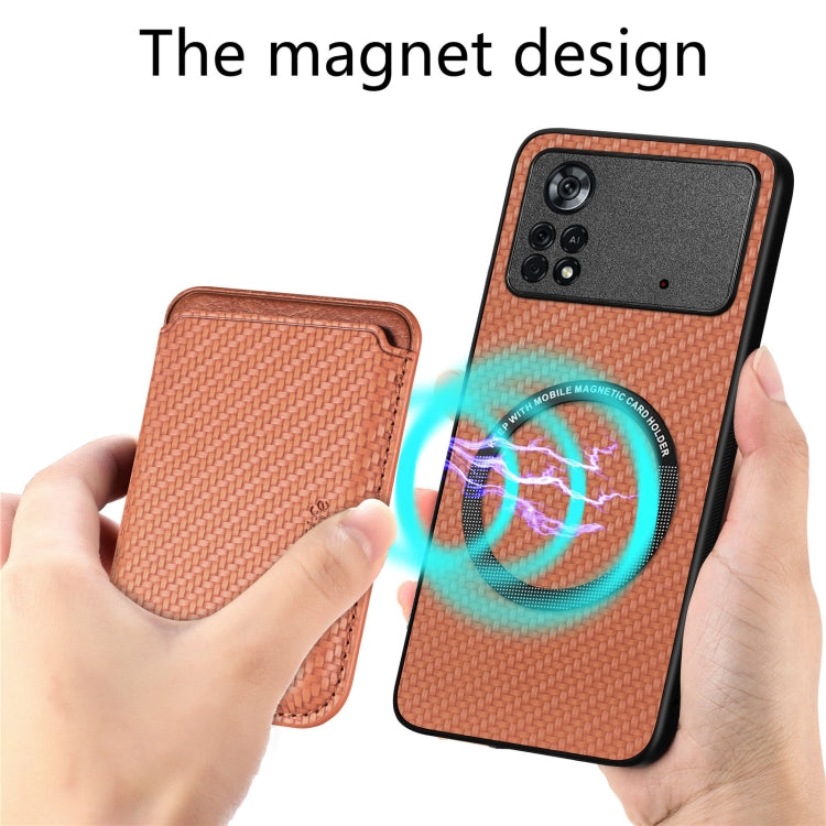 For Xiaomi Poco X4 Pro 5G Carbon Fiber Leather Card Magsafe Magnetic Phone Case(Brown) by buy2fix