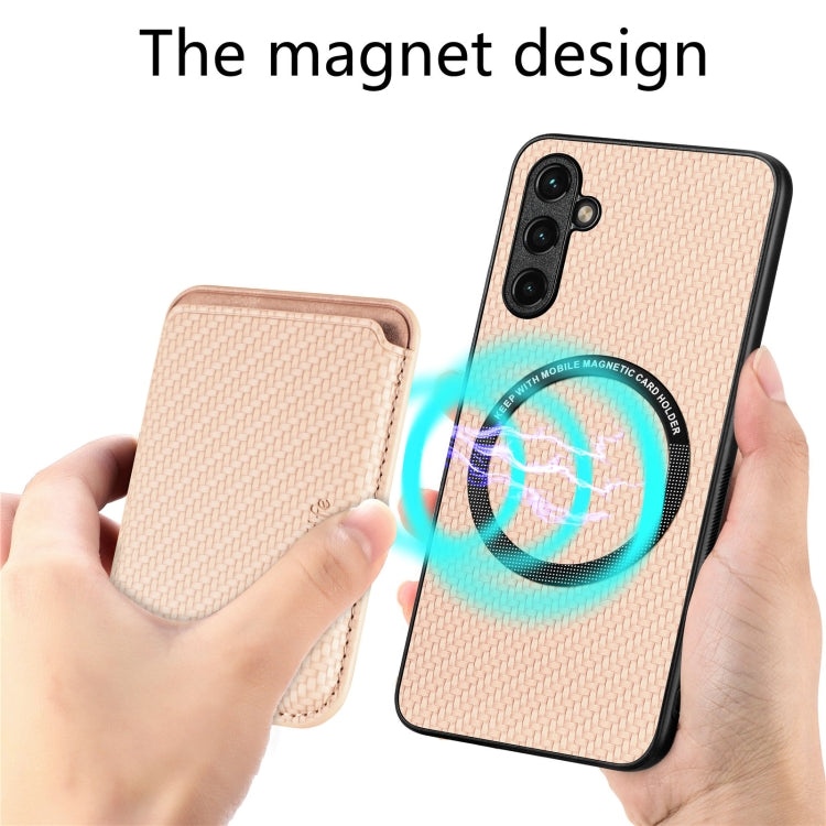 For Samsung Galaxy A34 5G Carbon Fiber Leather Card Magsafe Magnetic Phone Case(Khaki) - Galaxy Phone Cases by buy2fix | Online Shopping UK | buy2fix