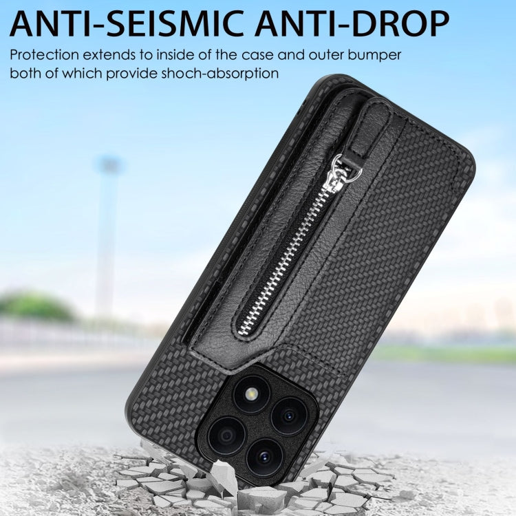 For Honor X8A Carbon Fiber Horizontal Flip Zipper Wallet Phone Case(Black) by buy2fix