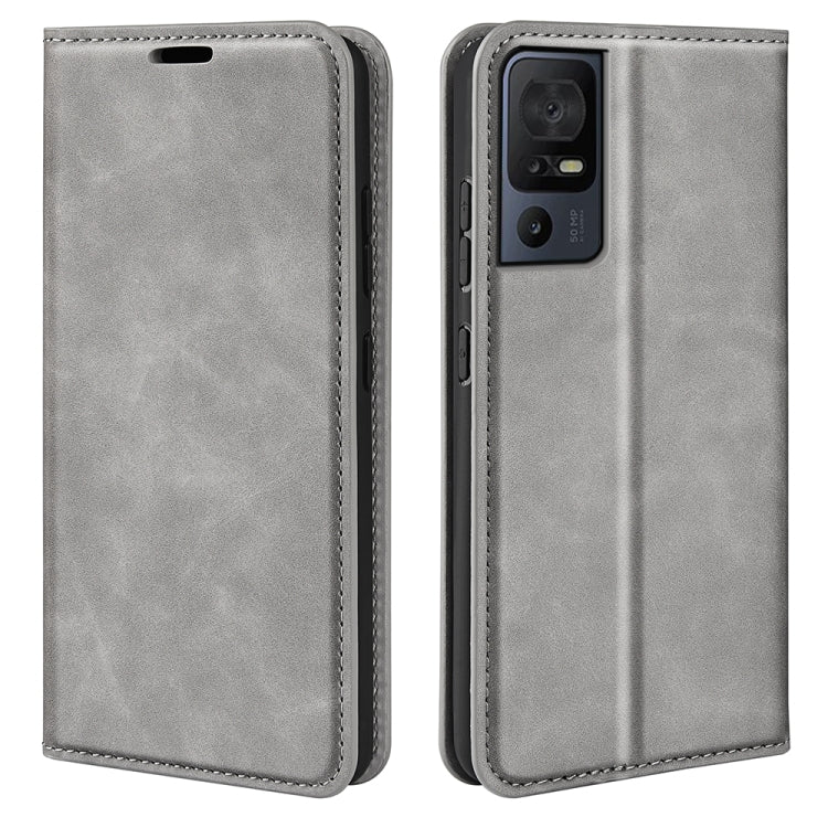 For TCL 40 SE Retro-skin  Magnetic Suction Leather Phone Case(Grey) - TCL by buy2fix | Online Shopping UK | buy2fix