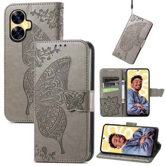 For Realme C55 Butterfly Love Flower Embossed Leather Phone Case(Gray) - Realme Cases by buy2fix | Online Shopping UK | buy2fix