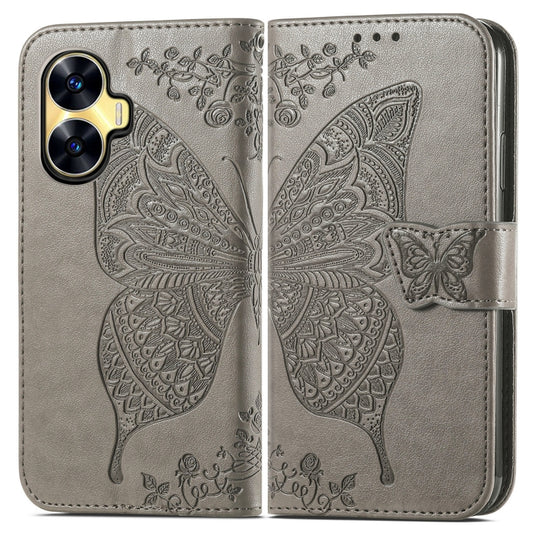 For Realme C55 Butterfly Love Flower Embossed Leather Phone Case(Gray) - Realme Cases by buy2fix | Online Shopping UK | buy2fix