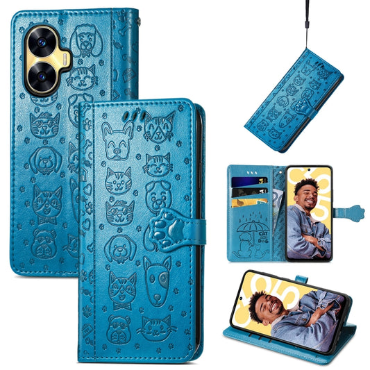 For Realme C55 Cat and Dog Embossed Phone Leather Phone Case(Blue) - Realme Cases by buy2fix | Online Shopping UK | buy2fix