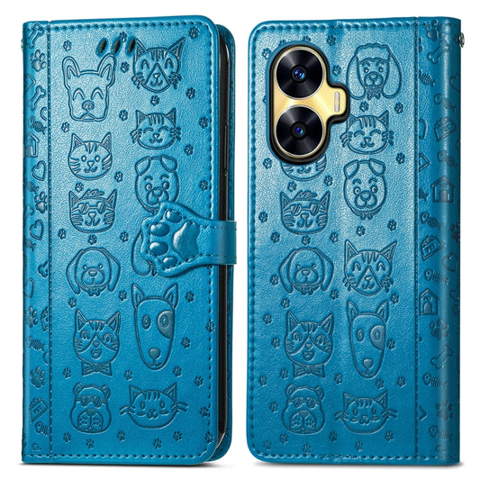 For Realme C55 Cat and Dog Embossed Phone Leather Phone Case(Blue) - Realme Cases by buy2fix | Online Shopping UK | buy2fix