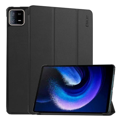For Xiaomi Pad 6 / Pad 6 Pro ENKAY Tri-fold Custer Texture Leather Stand Smart Case(Black) - More Tablet Cases by ENKAY | Online Shopping UK | buy2fix