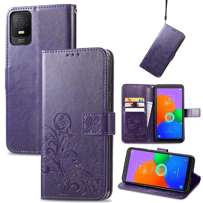 For TCL 403 Four-leaf Clasp Embossed Buckle Leather Phone Case(Purple) - TCL by buy2fix | Online Shopping UK | buy2fix