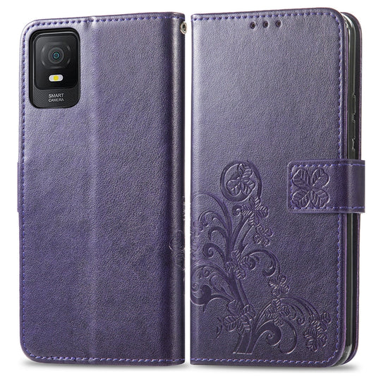 For TCL 403 Four-leaf Clasp Embossed Buckle Leather Phone Case(Purple) - TCL by buy2fix | Online Shopping UK | buy2fix