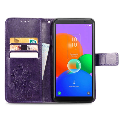 For TCL 403 Four-leaf Clasp Embossed Buckle Leather Phone Case(Purple) - TCL by buy2fix | Online Shopping UK | buy2fix