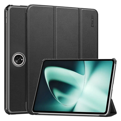 For OnePlus Pad / OPPO Pad 2 ENKAY Tri-fold Custer Texture Leather Stand Smart Case(Black) - OPPO Cases by ENKAY | Online Shopping UK | buy2fix