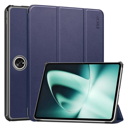 For OnePlus Pad / OPPO Pad 2 ENKAY Tri-fold Custer Texture Leather Stand Smart Case(Dark Blue) - OPPO Cases by ENKAY | Online Shopping UK | buy2fix