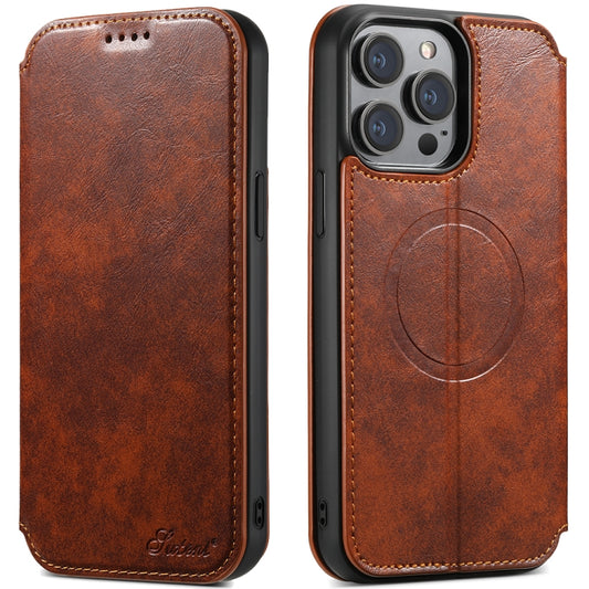 For iPhone 12 / 12 Pro Suteni J05 Leather Magnetic Magsafe Phone Case(Khaki) - iPhone 12 / 12 Pro Cases by Suteni | Online Shopping UK | buy2fix