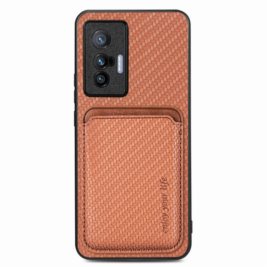 FOr vivo X70 Carbon Fiber Leather Card Magsafe Magnetic Phone Case(Brown) - vivo Cases by buy2fix | Online Shopping UK | buy2fix