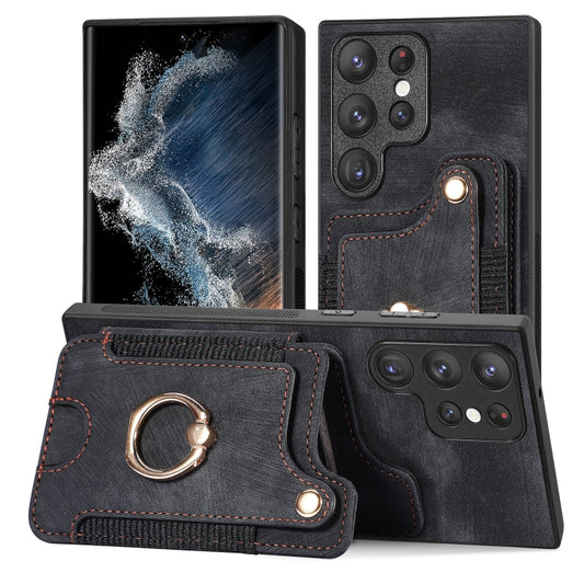 For Samsung Galaxy S22 Ultra 5G Retro Skin-feel Ring Multi-card Wallet Phone Case(Black) - Galaxy S22 Ultra 5G Cases by buy2fix | Online Shopping UK | buy2fix