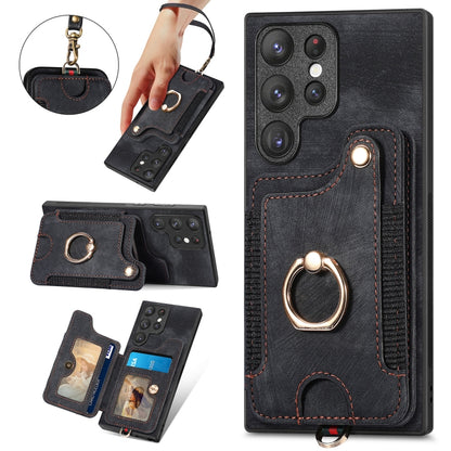 For Samsung Galaxy S22 Ultra 5G Retro Skin-feel Ring Multi-card Wallet Phone Case(Black) - Galaxy S22 Ultra 5G Cases by buy2fix | Online Shopping UK | buy2fix