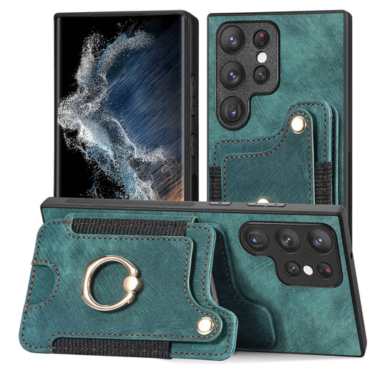 For Samsung Galaxy S22 Ultra 5G Retro Skin-feel Ring Multi-card Wallet Phone Case(Green) - Galaxy S22 Ultra 5G Cases by buy2fix | Online Shopping UK | buy2fix
