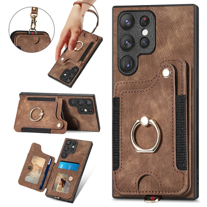 For Samsung Galaxy S22 Ultra 5G Retro Skin-feel Ring Multi-card Wallet Phone Case(Brown) - Galaxy S22 Ultra 5G Cases by buy2fix | Online Shopping UK | buy2fix