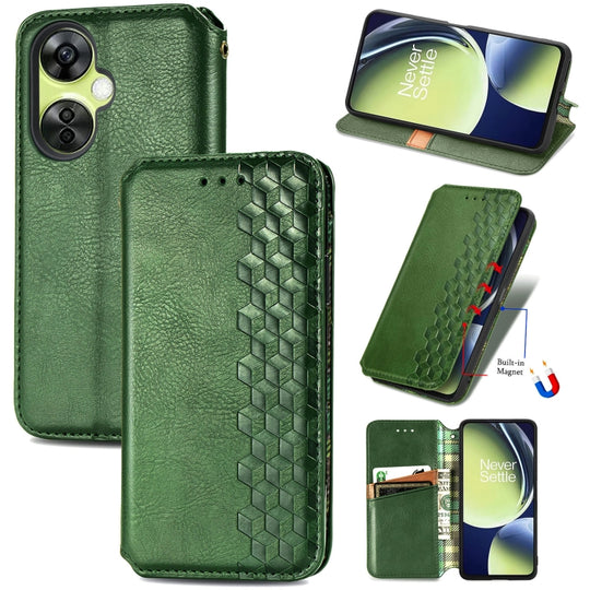 For OnePlus Nord CE 3 Lite Cubic Grid Pressed Magnetic Leather Phone Case(Green)