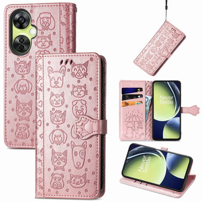 For OnePlus Nord CE 3 Lite Cat and Dog Embossed Leather Phone Case(Rose Gold) - OnePlus Cases by buy2fix | Online Shopping UK | buy2fix