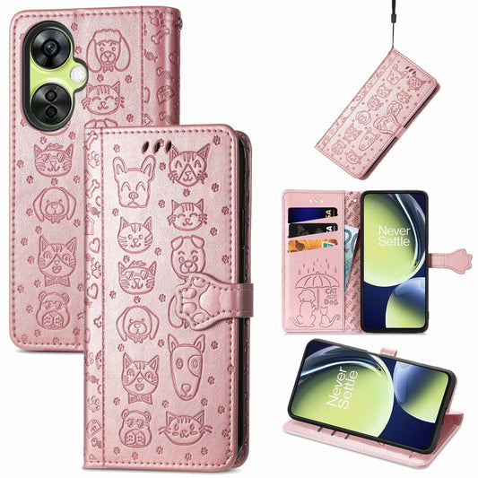 For OnePlus Nord CE 3 Lite Cat and Dog Embossed Leather Phone Case(Rose Gold) - OnePlus Cases by buy2fix | Online Shopping UK | buy2fix