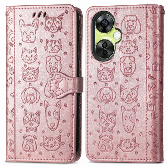 For OnePlus Nord CE 3 Lite Cat and Dog Embossed Leather Phone Case(Rose Gold) - OnePlus Cases by buy2fix | Online Shopping UK | buy2fix