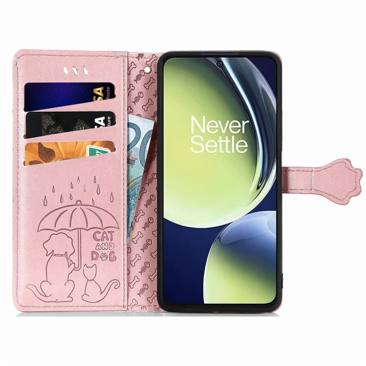 For OnePlus Nord CE 3 Lite Cat and Dog Embossed Leather Phone Case(Rose Gold) - OnePlus Cases by buy2fix | Online Shopping UK | buy2fix