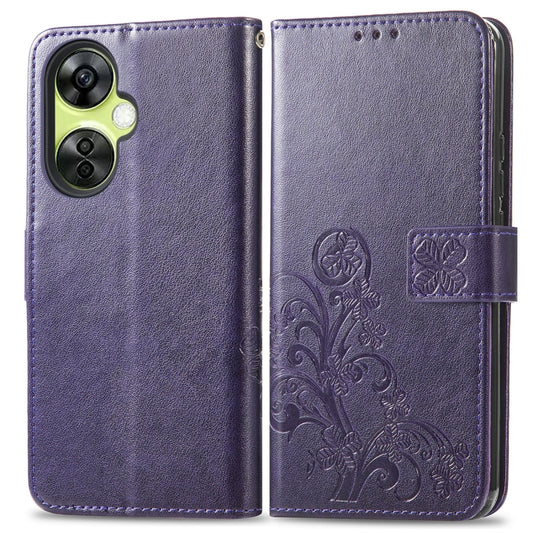 For OnePlus Nord CE 3 Lite Four-leaf Clasp Embossed Buckle Leather Phone Case(Purple) - OnePlus Cases by buy2fix | Online Shopping UK | buy2fix