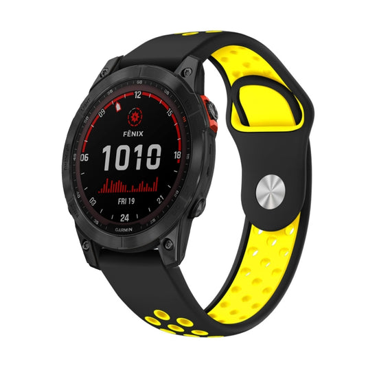 For Garmin Fenix 7 Solar 22mm Sports Breathable Silicone Watch Band(Black+Yellow) - Watch Bands by buy2fix | Online Shopping UK | buy2fix