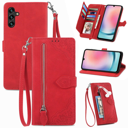 For Samsung Galaxy A24 4G Embossed Flower Zipper Leather Phone Case(Red)
