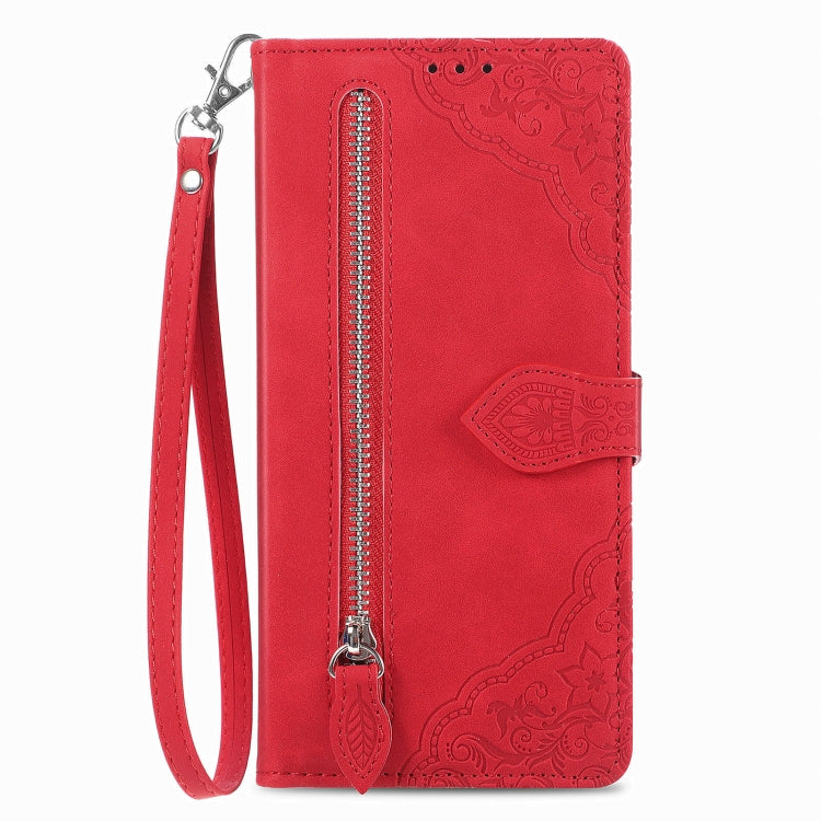 For Samsung Galaxy A24 4G Embossed Flower Zipper Leather Phone Case(Red) by buy2fix