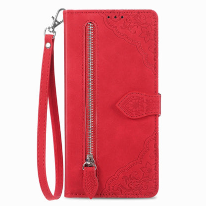 For Samsung Galaxy A24 4G Embossed Flower Zipper Leather Phone Case(Red) by buy2fix